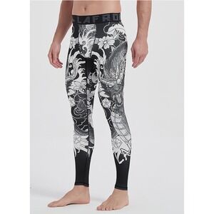 LAFROI Mens Compression Leggings Dragon Graphic Black White MMA BJJ Tights LG